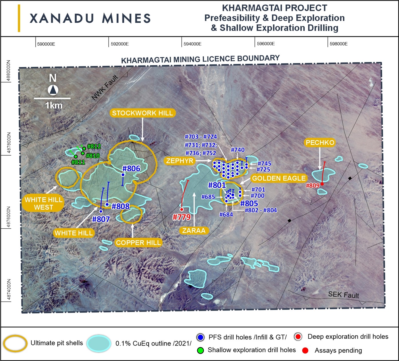 Kharmagtai copper-gold district showing defined mineral deposits and completed infill drill holes, deep exploration drill holes, and shallow exploration drill holes since the last announced drilling results.