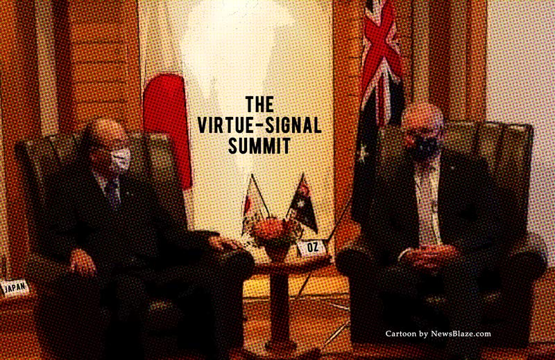 australia japan virtue signal summit. Cartoon by NewsBlaze.com.