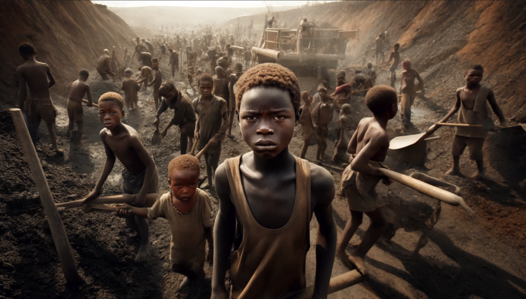 modern slavery child miners. ai image.