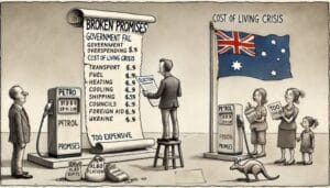 Inflation, broken promises, cost of living crisis. NewsBlaze AI cartoon