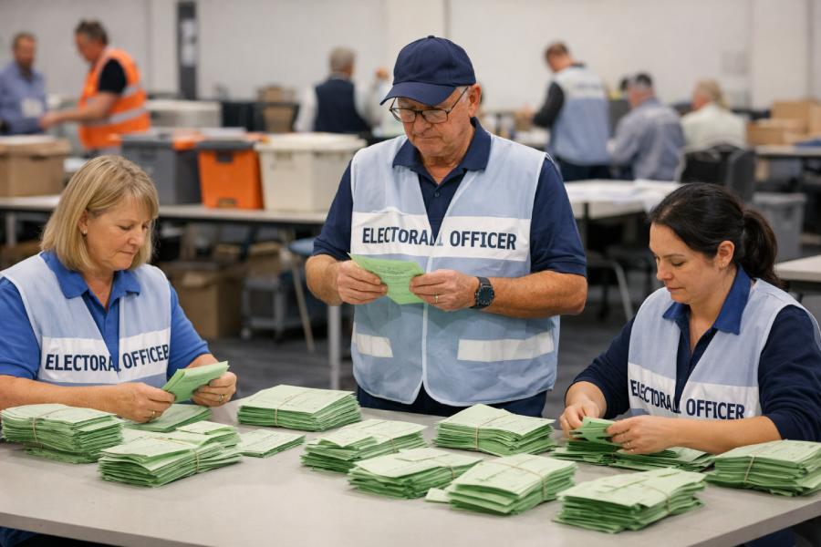 Election workers sort and count South Australian ballot papers after polling day, illustration.