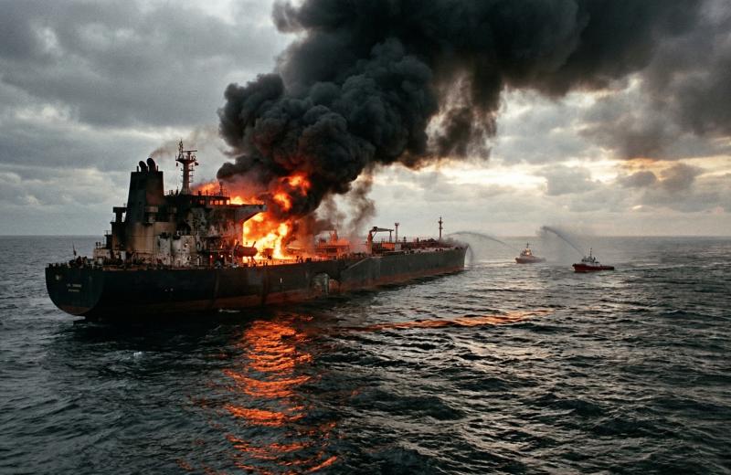 Burning tanker at sea illustrates oil shipping disruption affecting Australia fuel buffer.
