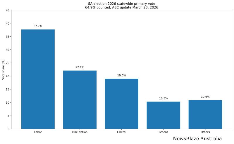 Bar chart showing SA election party vote totals: Labor 37.7%, One Nation 22.1%, Liberal 19.0%, Greens 10.3%, Others 10.9%. NewsBlaze chart.